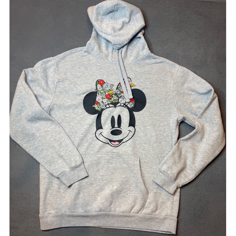 Disney Minnie Mouse Floral Bow Hoodie Heather Grey Pullover Sweatshirt Large